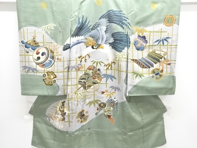 JAPANESE KIMONO / KIMONO FOR BOYS / SILK / EMBROIDERY / MONTSUKI / HAWK & GUNBAI FAN